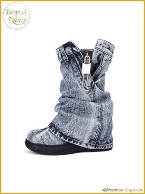 Denim Mid Calf Western Boots Fold Over Platform Booties
